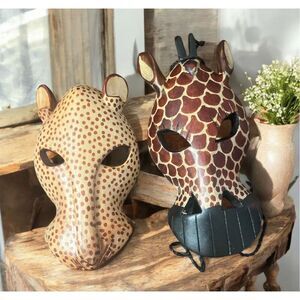 set of 2 vintage hand carved wooden masks, Kenya animals jaguar, and giraffe
